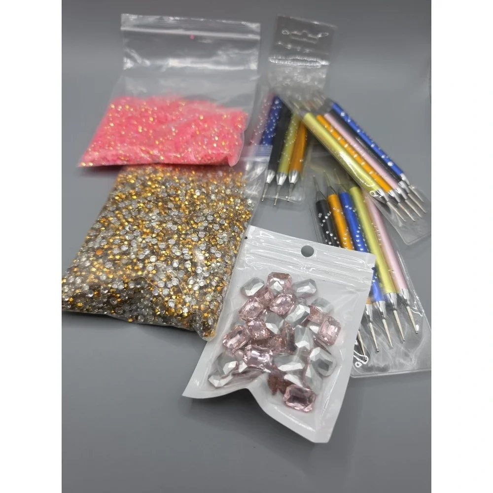 Rhinestone Gem Craft Kit Dotting Tools Pink Gold Crystals Nail Art DIY Bling